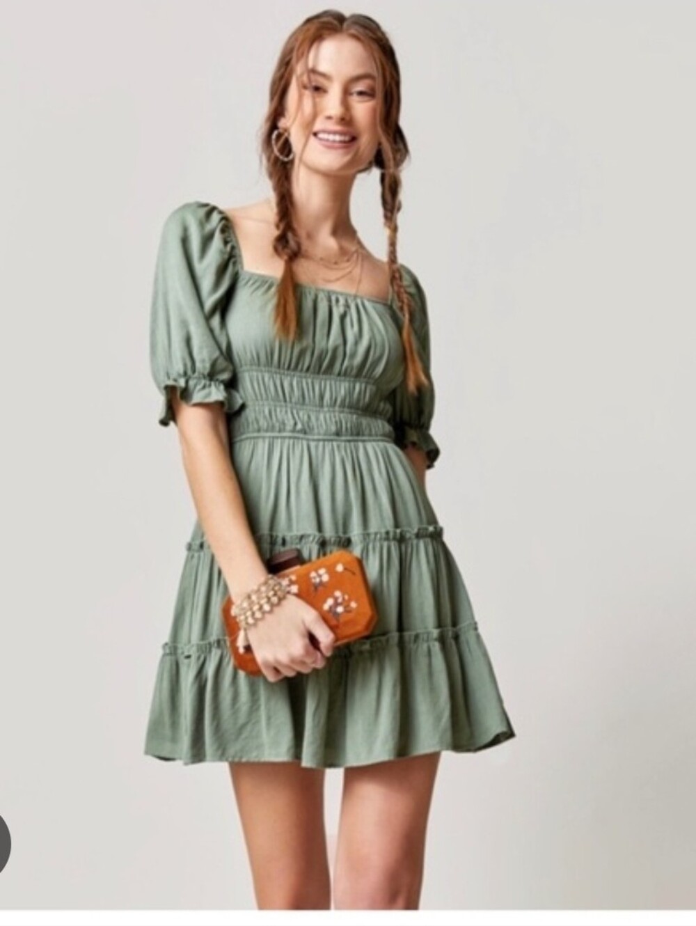 Trixxi Sage Green Smocked Puff-Sleeve Mini Dress